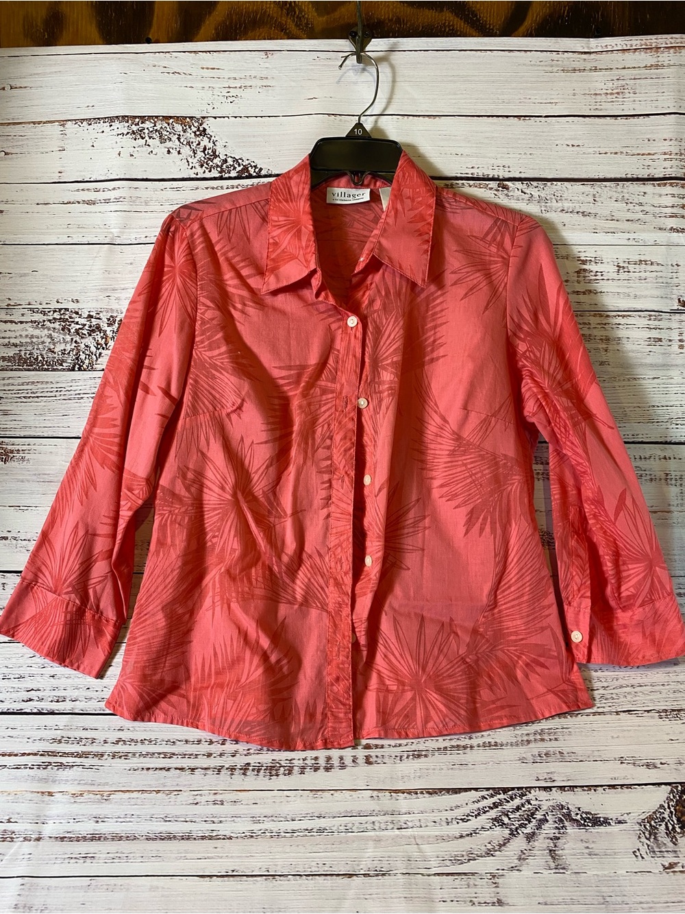 villager Coral Button-Down Shirt with Palm Leaf Print